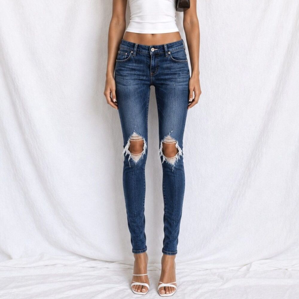 Regalect Dark Wash Ripped Knees Mid Rise Denim Distressed Skinny Jeans XXS/XS